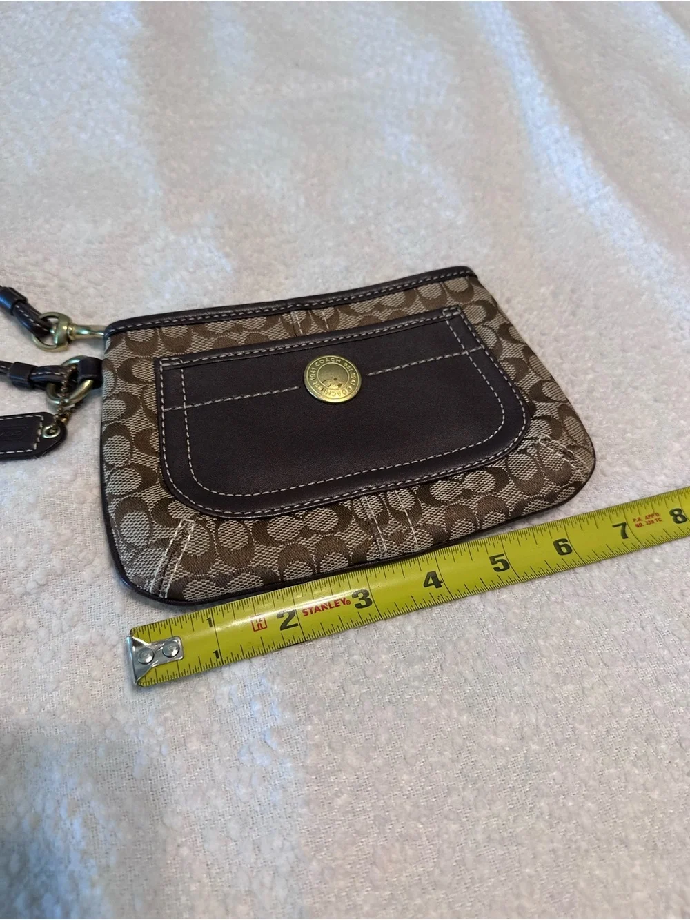 Coach Mini Signature Jacquard Canvas Wristlet in Brown and Dark Brown